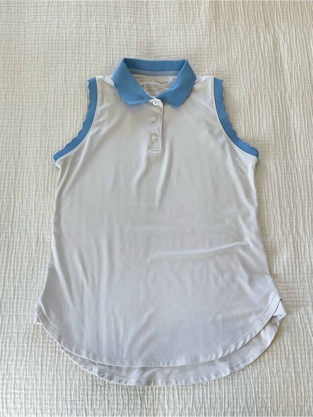 Peter Millar White Sleeveless Golf Polo with Light Blue scallop Collar and Trim